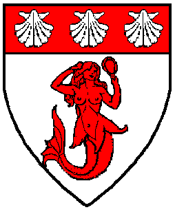 Argent, a mermaid, in her vanity and sinister facing, on a chief gules, three escallops argent