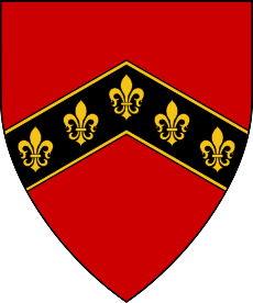 A red shield with five fleur-de-lys in gold on a black chevron edged in gold.