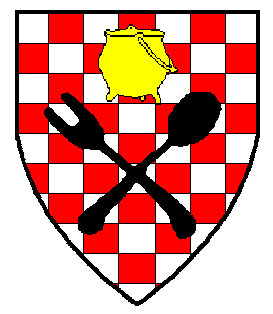 Checky argent and gules, an eating fork and spoon in saltire sable and in chief a cauldron Or