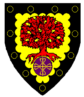 Or, an oak tree eradicated gules fructed Or within a bordure engrailed sable semy of annulets Or, and for augmentation, in base on a golpe a cross of Calatrava Or