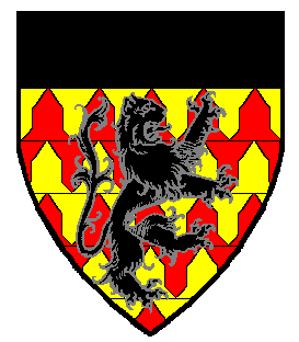 Vairy en pointe Or and gules, a lion rampant contourny and a chief sable