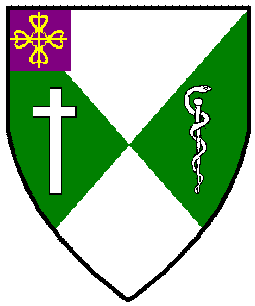Per saltire argent and vert, a Latin cross and a cadeuces argent, and for augmentation a canton purpure charged with a cross of Calatrava Or
