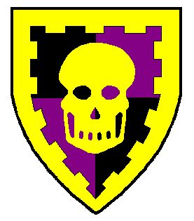 Quarterly sable and purpure, a skull within a bordure embattled Or