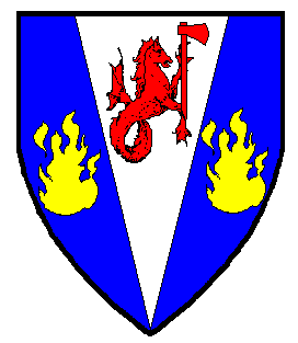 Azure, on a pile throughout argent between two flames Or a seahorse contourny maintaining an ax gules