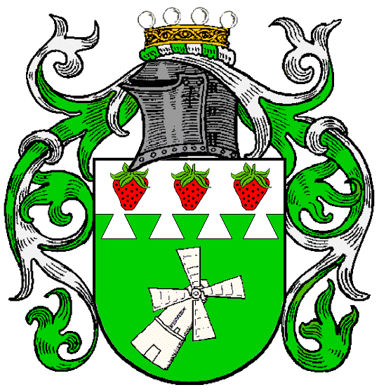 Vert, a windmill bendwise sinister and on a chief dovetailed argent, three strawberries gules, capped vert.