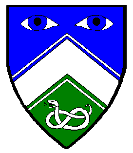 Per chevron azure and vert, a chevron cotised between a pair of eyes argent irised azure and a serpent nowed argent