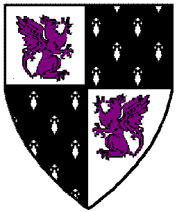 Quarterly argent and counter-ermine, in bend a griffin sejant erect to sinister and another sejant erect purpure