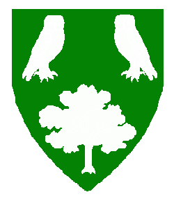 Vert, two owls respectant guardant and a tree argent. Image from the Calontir Armorial.