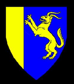On a blue background, a gold cat-wolf with horns leaping at the gold wall that is the left third of the design.